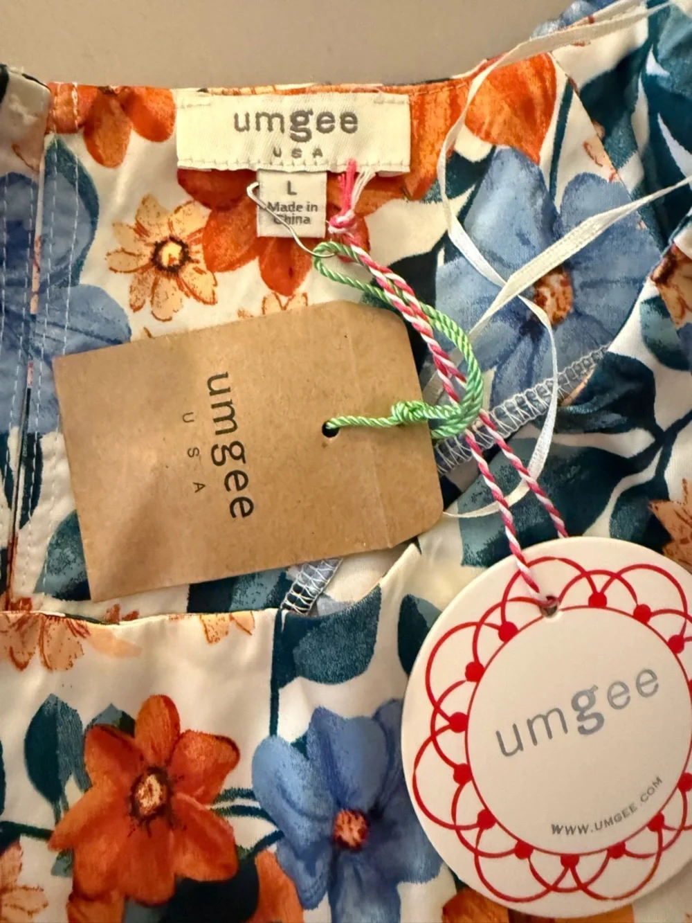 NWT Umgee Cream Floral Tie-Waist Mini Dress with Orange & Blue Blooms - Picture 8 of 9